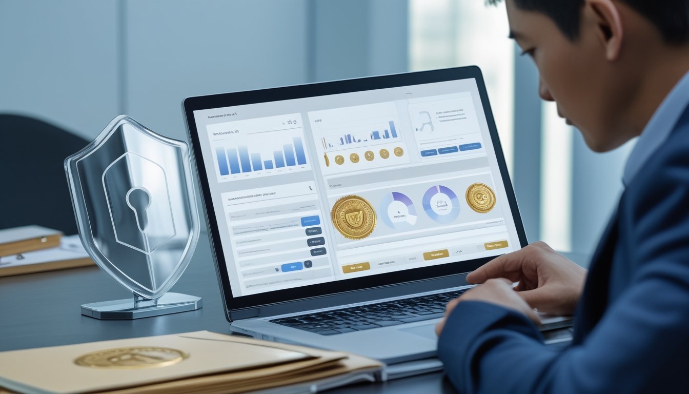 Profesional memeriksa keamanan dan legalitas sebuah platform digital di ruang kerja modern.