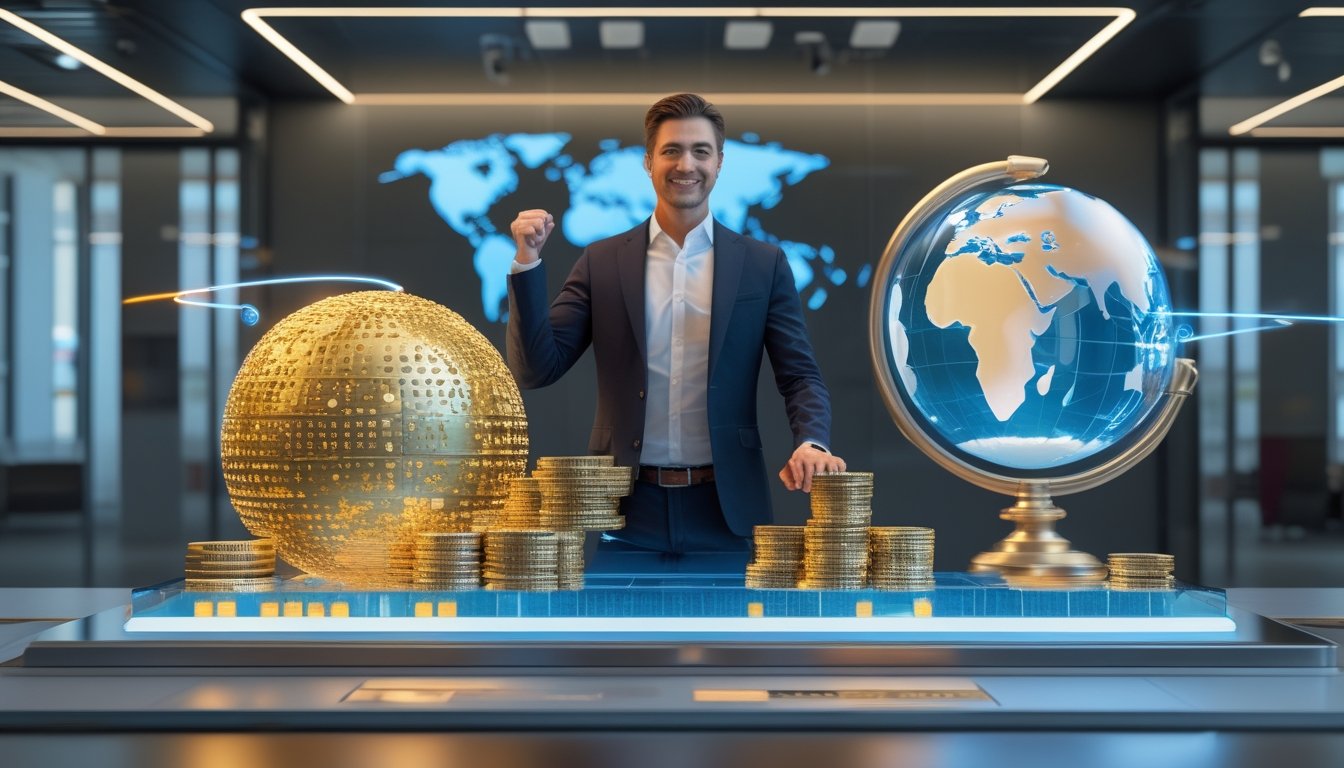 Seorang pengusaha merayakan keberhasilan di samping bola jackpot, koin emas, dan globe dunia di kantor modern.