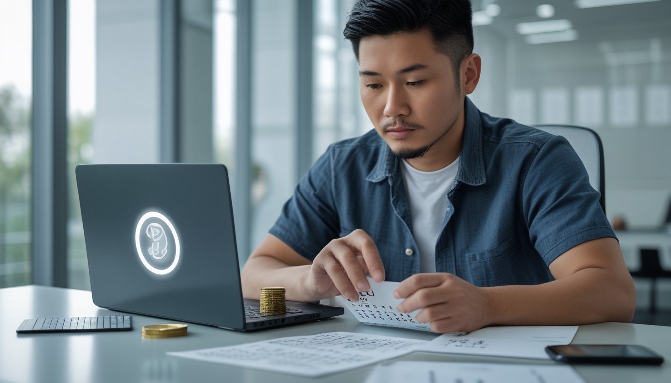 Orang dewasa menganalisis kombinasi angka tiga digit di meja kerja dengan laptop, kalkulator, dan beberapa koin.