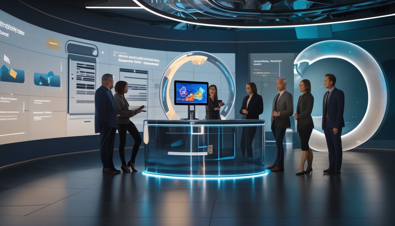 Orang dewasa menggunakan perangkat digital di ruang futuristis dengan tampilan permainan 3D bercahaya.