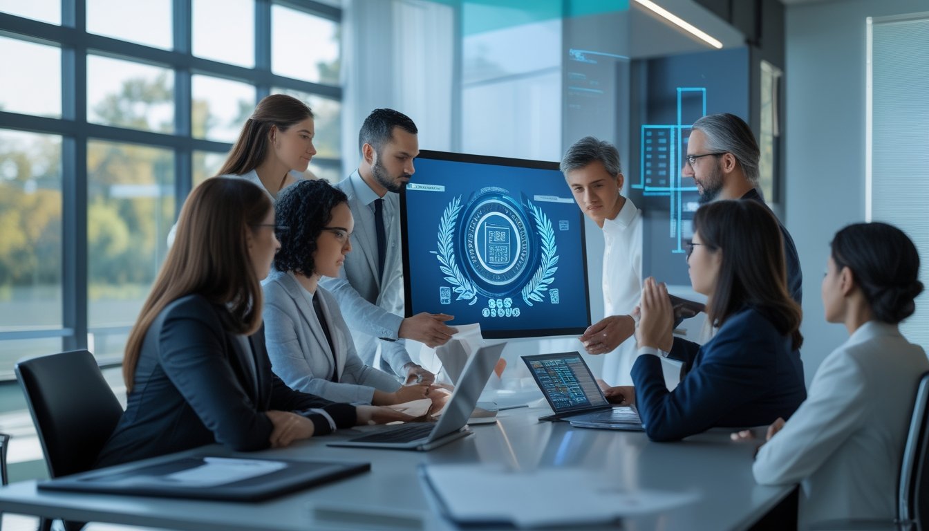 Tim profesional memeriksa keamanan dan kredibilitas platform digital di ruang kerja modern.