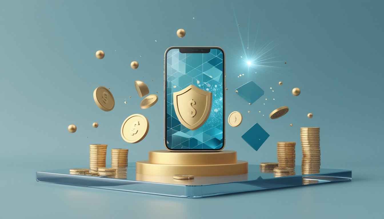 Ponsel dengan elemen permainan digital, koin, ikon perisai, dan cahaya keemasan di atas platform modern.