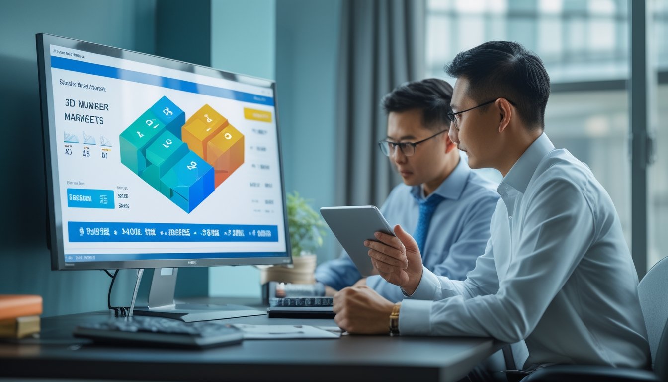 Dua orang dewasa memeriksa visualisasi data angka tiga dimensi dan kalkulator di ruang kerja modern.