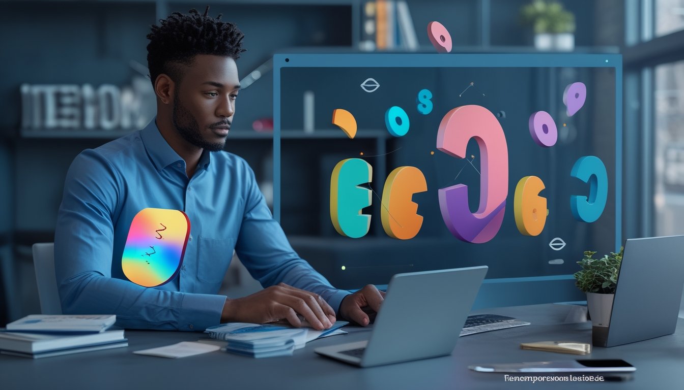 Seseorang menggunakan laptop dan ponsel dengan elemen antarmuka digital abstrak serta simbol keamanan di meja kerja modern.