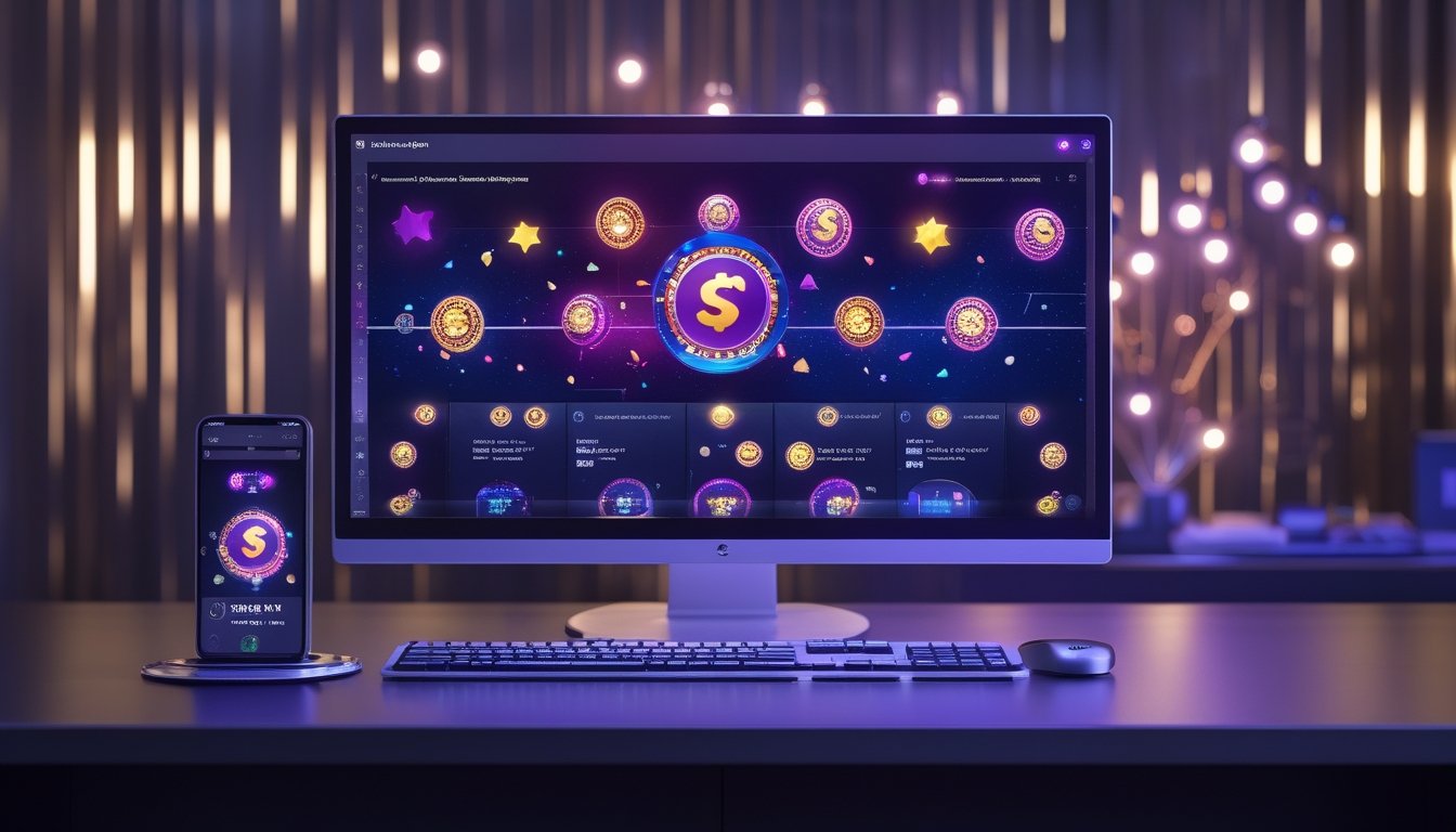 Perangkat komputer dan ponsel menampilkan antarmuka permainan digital bercahaya di ruang modern.