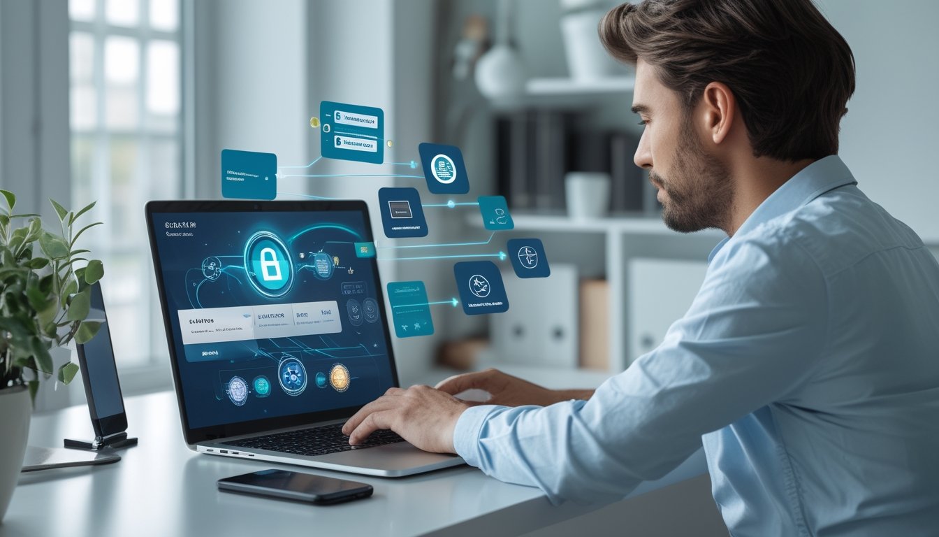 Seseorang membandingkan beberapa platform digital di laptop dalam ruang kerja yang rapi.