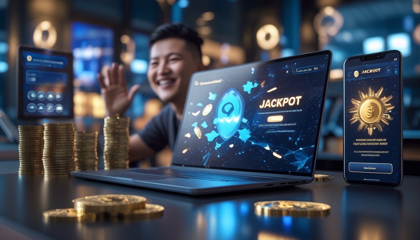 Seseorang menggunakan laptop dan ponsel dengan tampilan permainan digital bercahaya, disertai simbol kunci keamanan dan efek jackpot.