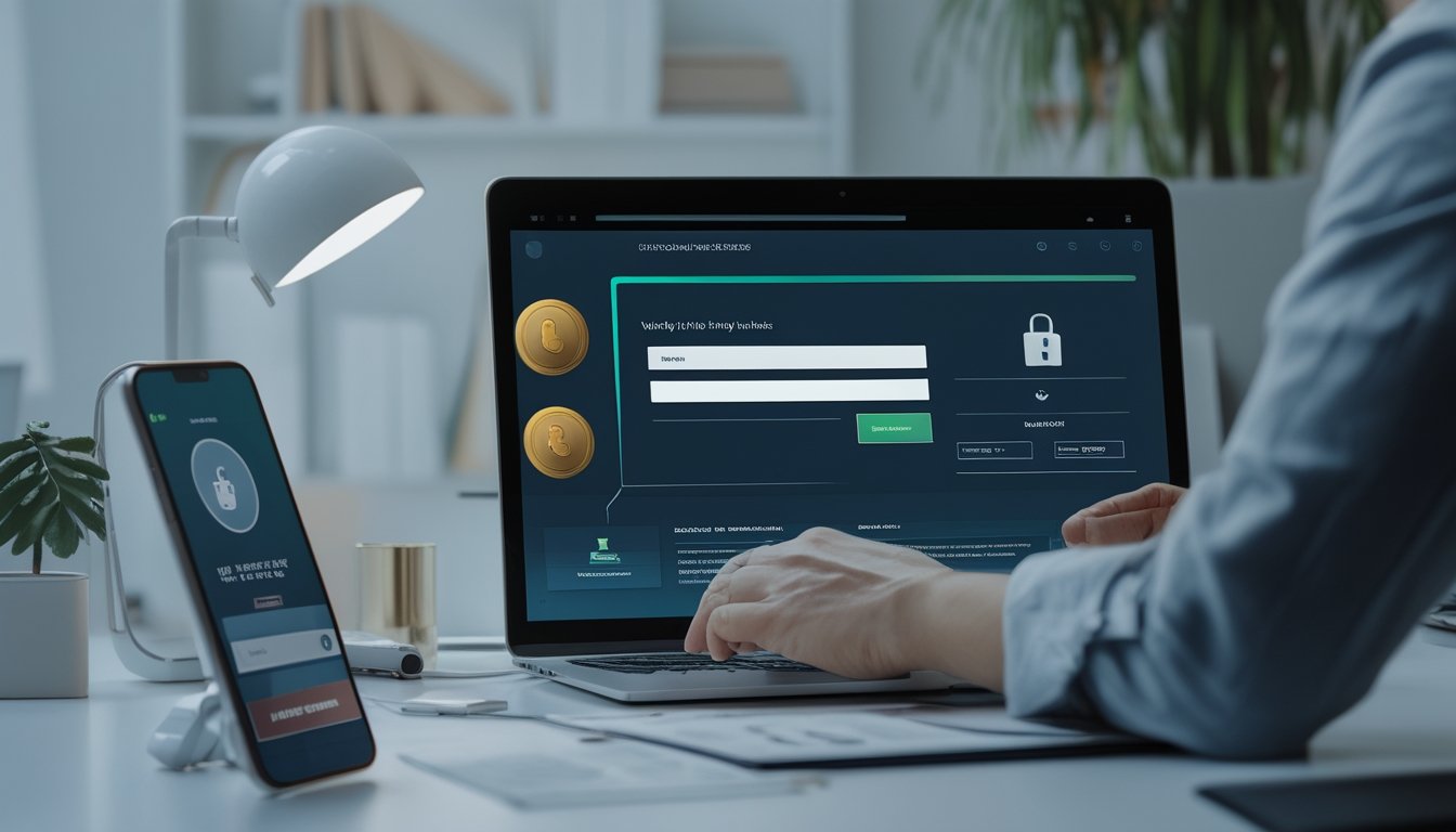 Seseorang memeriksa keamanan situs web menggunakan laptop, ponsel, dan simbol verifikasi.