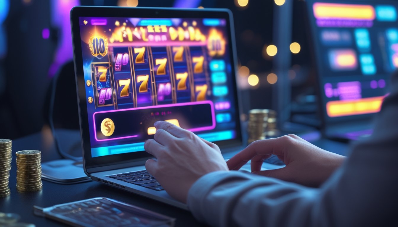 Seseorang menggunakan laptop untuk melihat permainan slot digital dengan efek cahaya warna-warni dan koin di sekitarnya.
