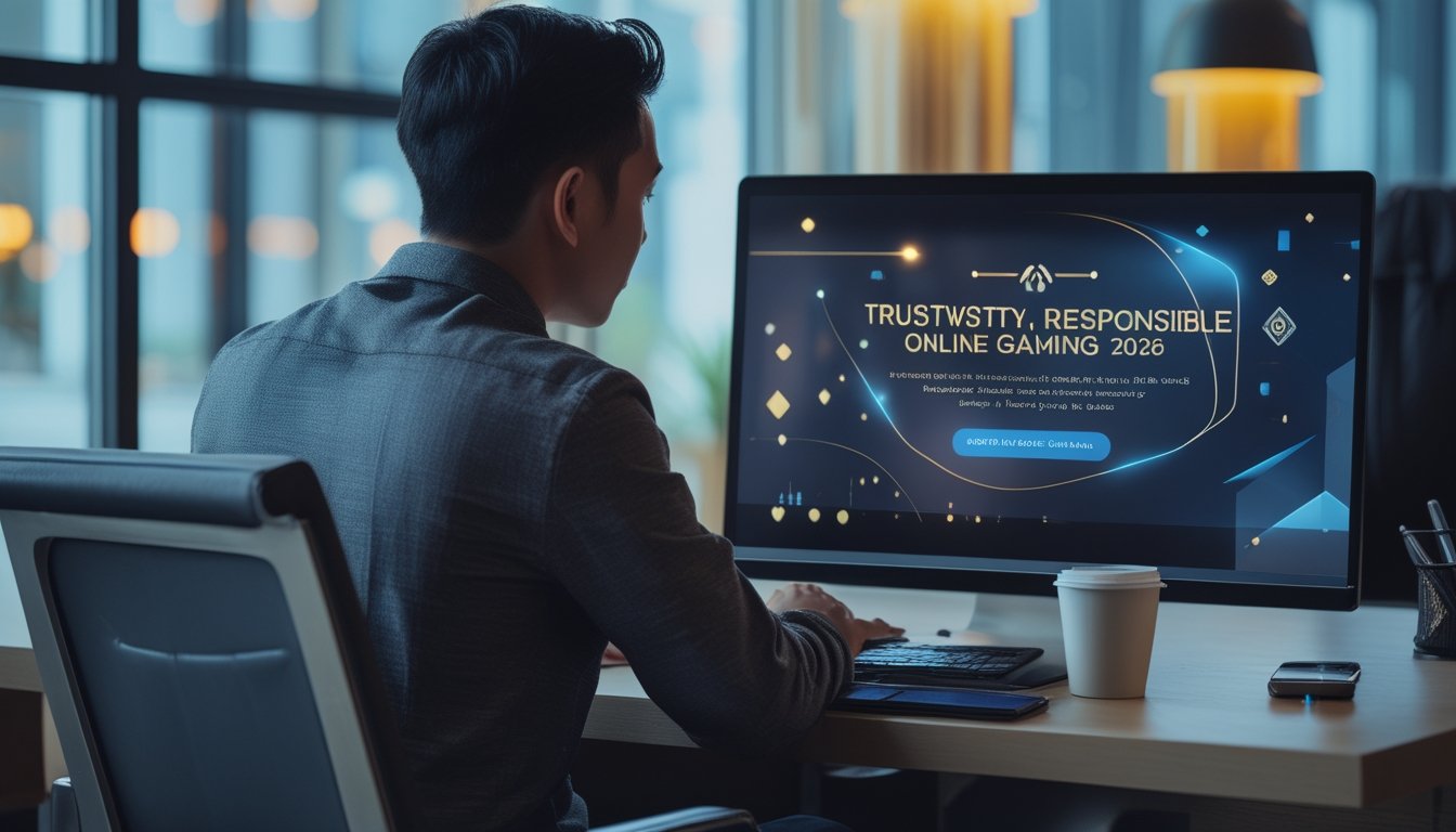 Orang dewasa menggunakan laptop di meja kerja modern dengan suasana hiburan digital yang elegan.