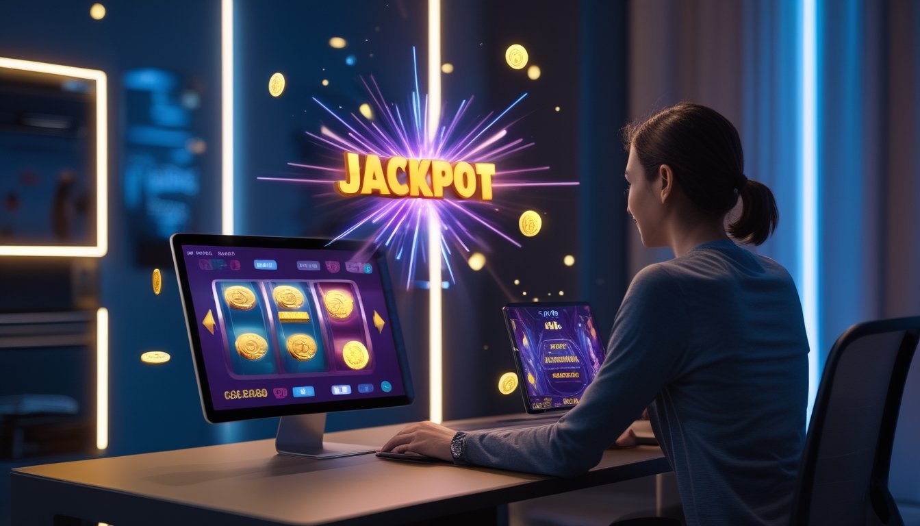 Orang dewasa menggunakan laptop dan ponsel dengan tampilan permainan slot digital bernuansa emas dan biru.