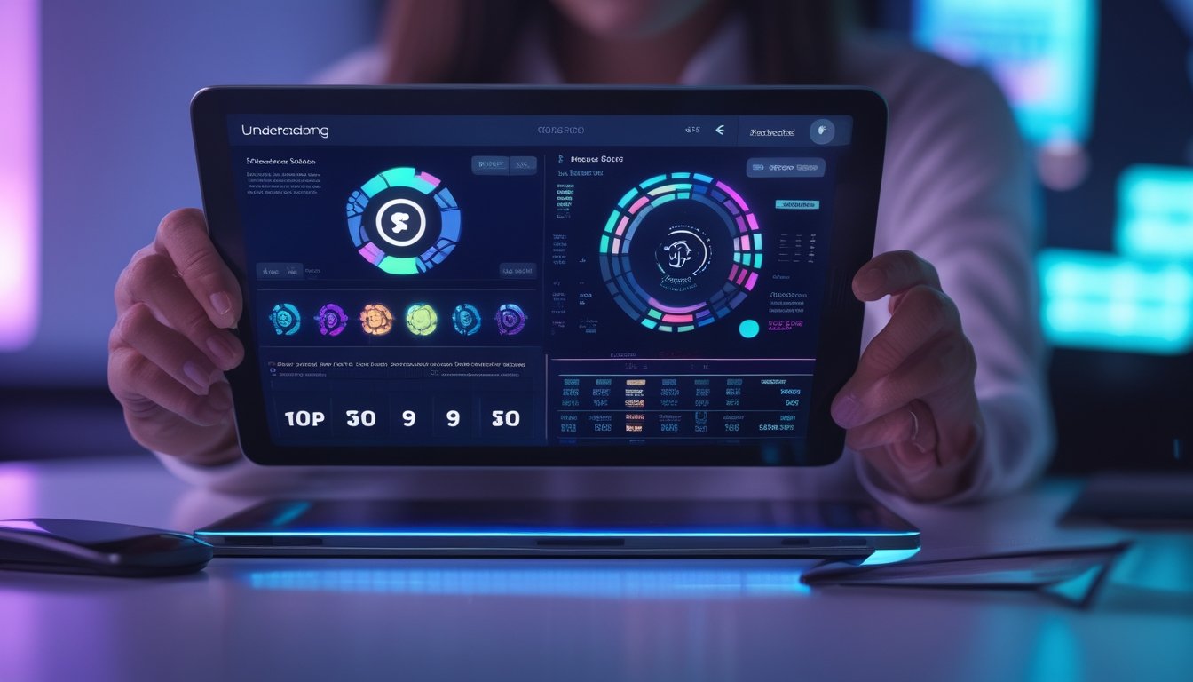 Seseorang mempelajari visualisasi data permainan digital di tablet dalam ruang kerja modern.