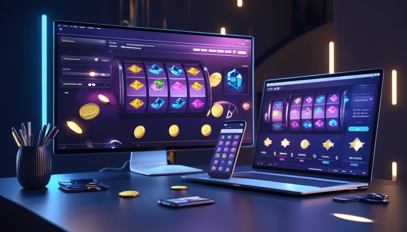 Perangkat digital menampilkan permainan mesin slot berwarna-warni dengan koin emas dan cahaya meriah di atas meja modern.