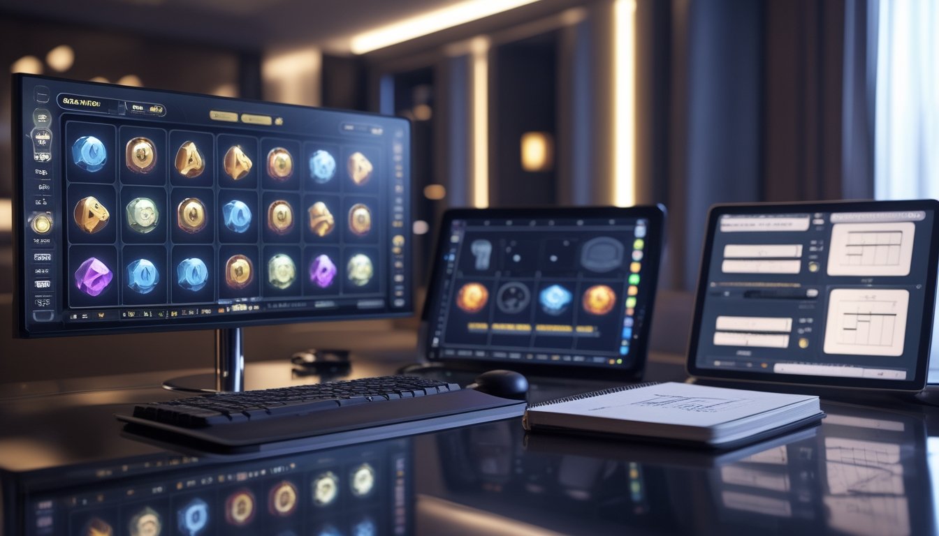 Meja permainan digital dengan monitor yang menampilkan beberapa tampilan gulungan permainan abstrak dan tablet dengan susunan permainan berbeda.
