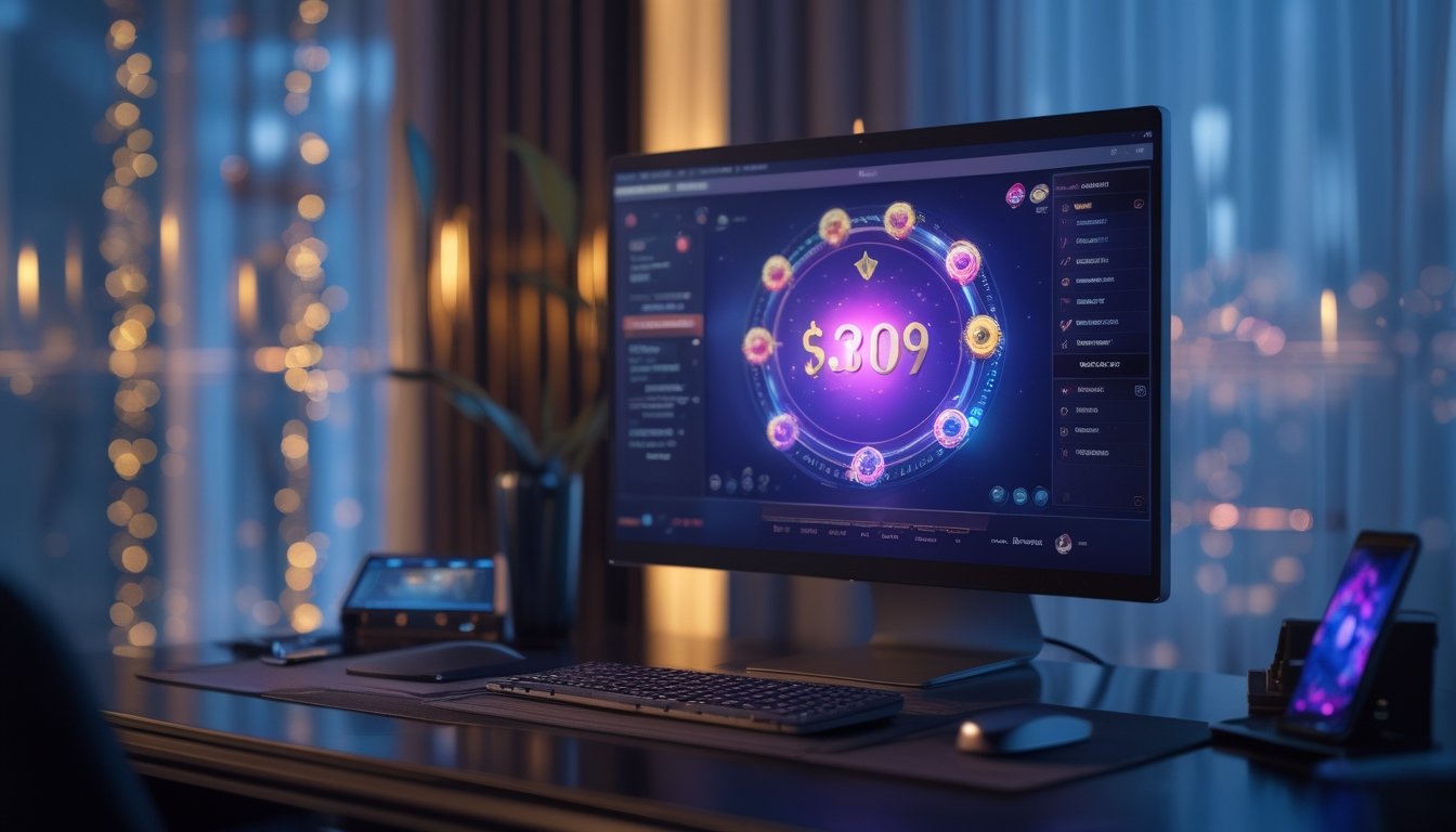Meja kerja modern dengan monitor dan ponsel yang menampilkan antarmuka permainan berwarna-warni dalam suasana malam.