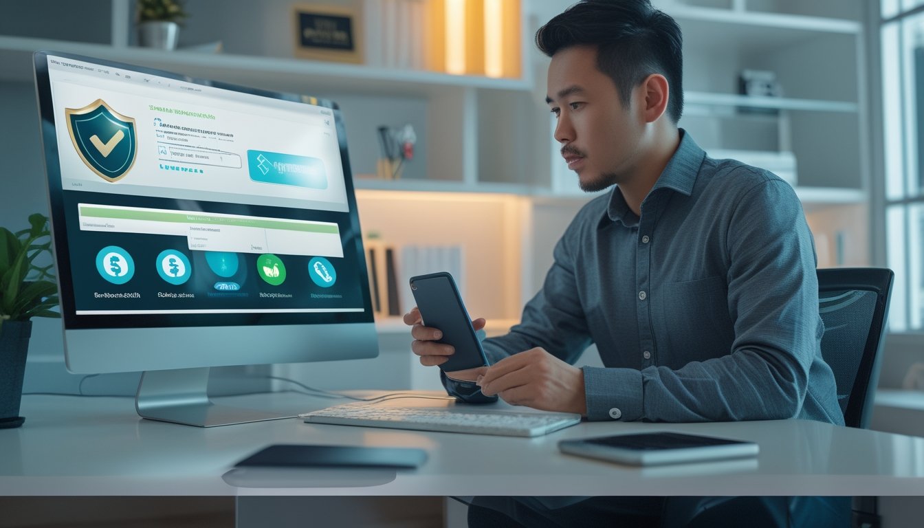 Orang dewasa memeriksa platform digital dengan simbol keamanan di meja kerja modern.
