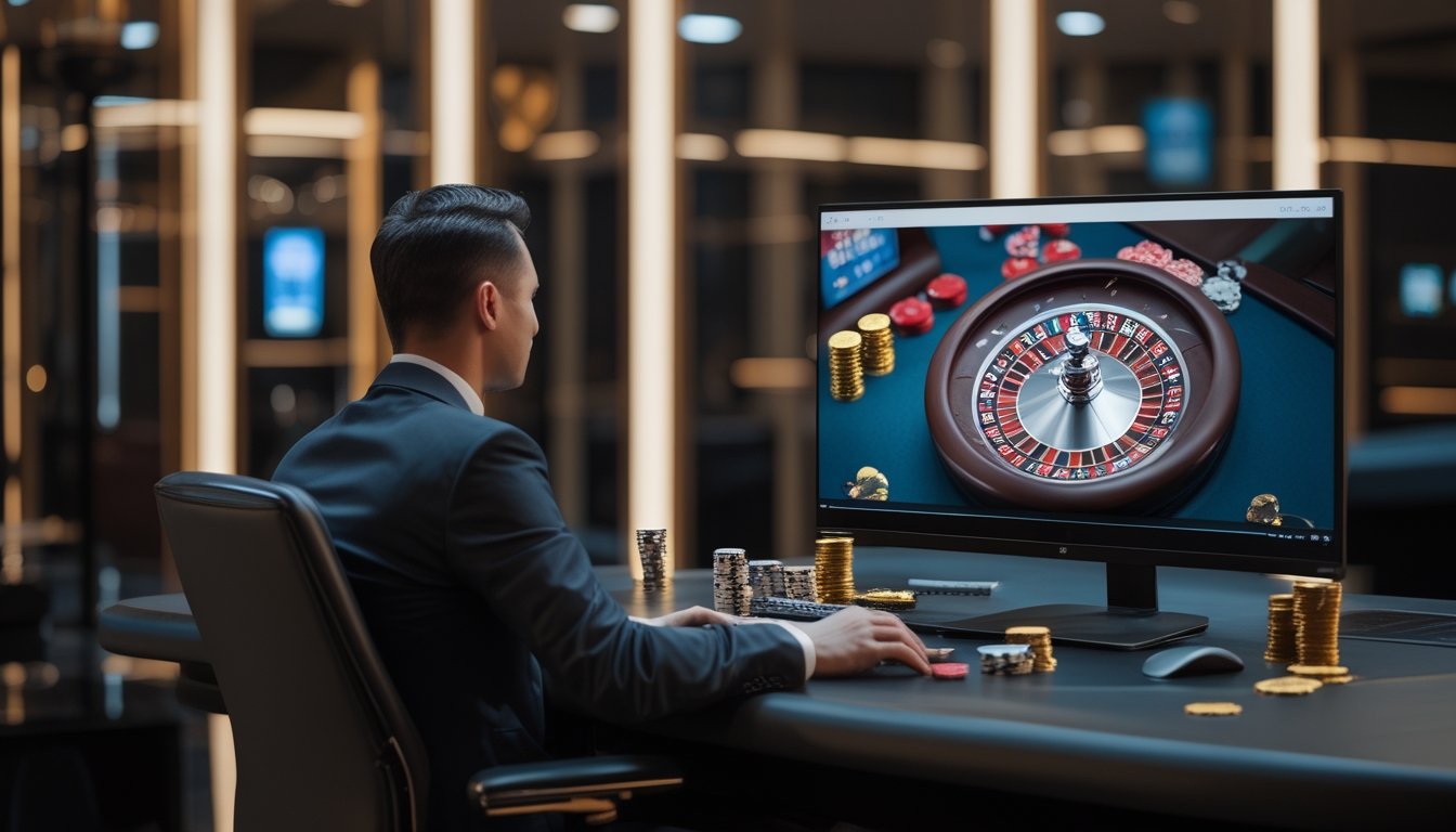 Seseorang bermain kasino daring di depan komputer dengan roda roulette dan keping kasino di ruangan mewah.