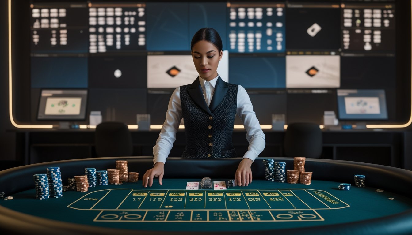 Dealer kasino profesional berada di meja permainan dengan kartu, roda roulette, dan tumpukan chip.