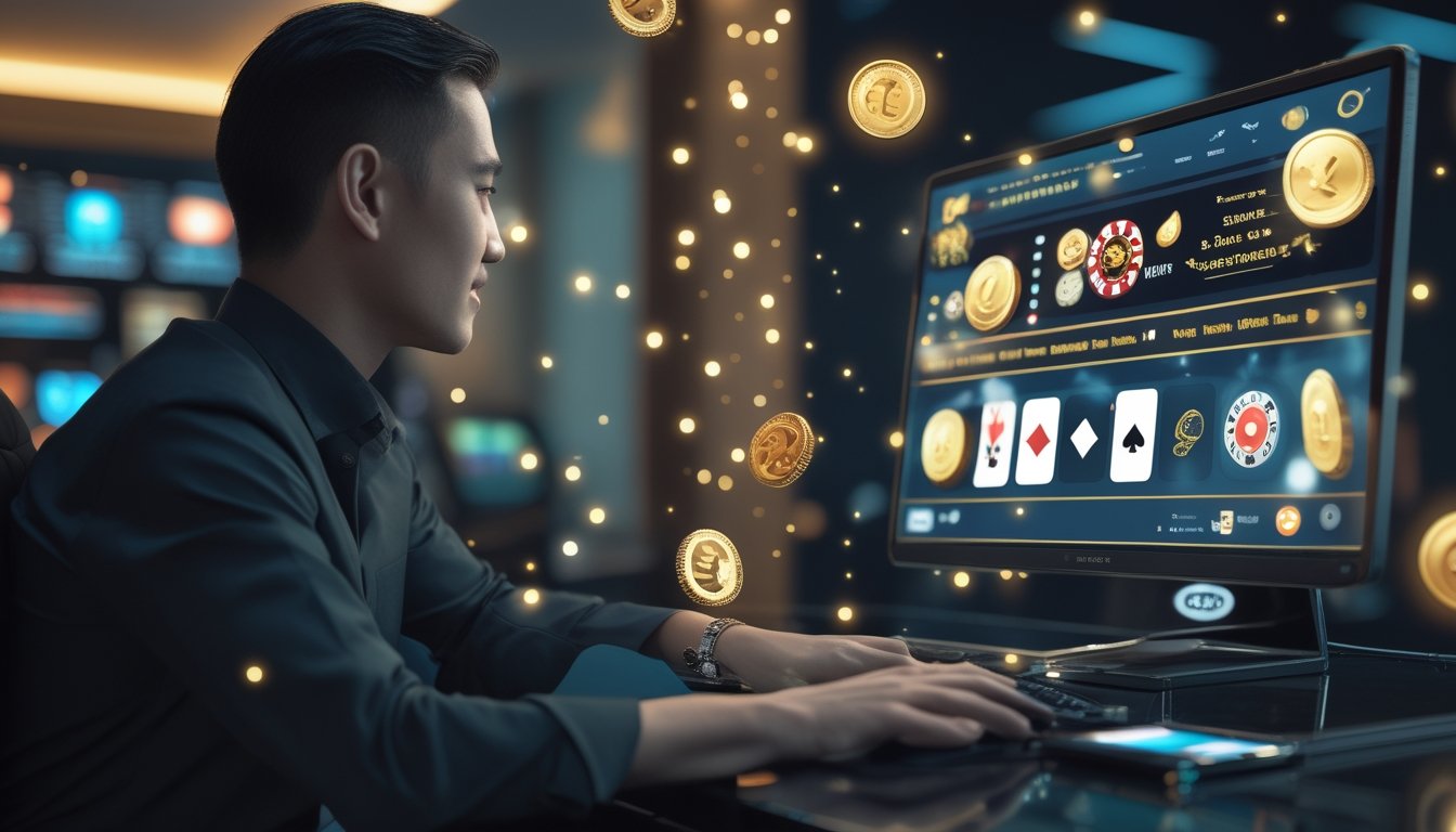 Seseorang menggunakan laptop dan ponsel dalam suasana lounge mewah dengan tampilan permainan kasino digital dan efek cahaya keemasan.