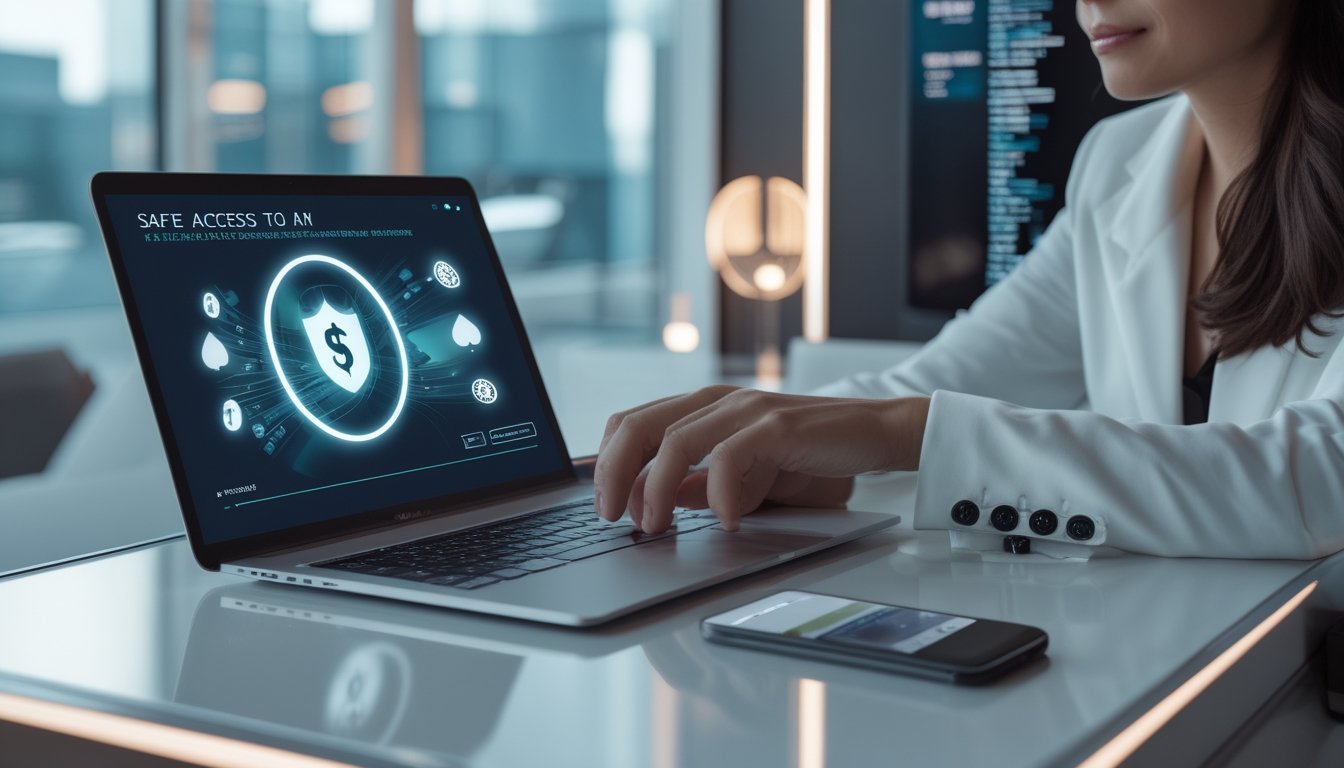 Orang dewasa memeriksa akses aman ke platform kasino daring melalui laptop dan ponsel di meja modern.