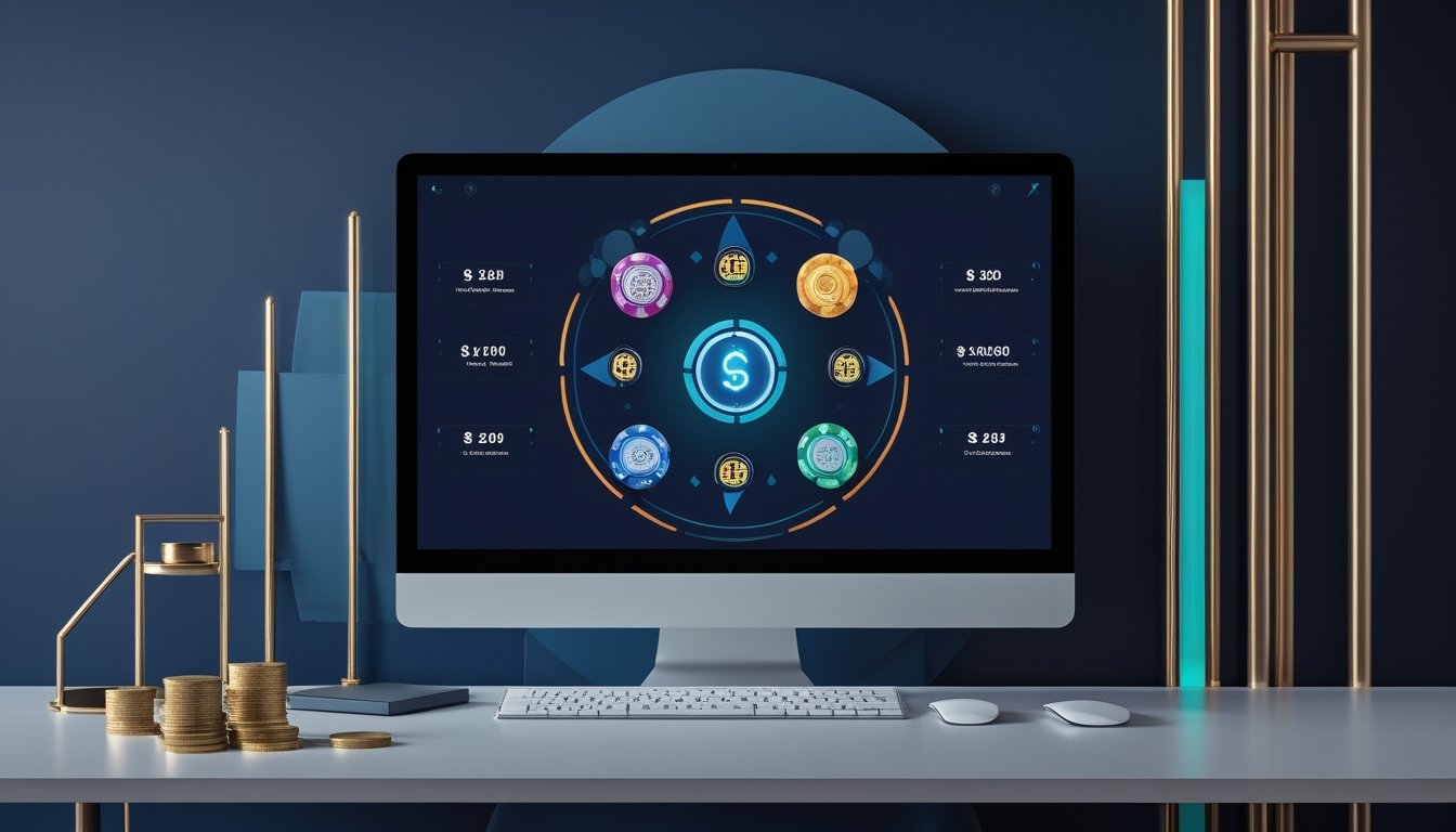 Meja modern dengan laptop dan ponsel yang menampilkan antarmuka digital berwarna, simbol pembayaran aman, perisai, koin, dan grafik peningkatan.