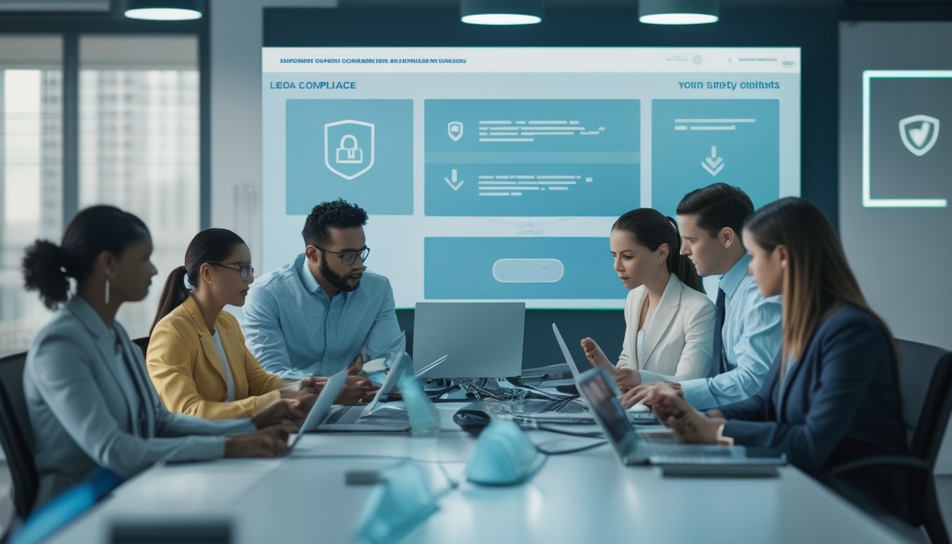 Tim profesional memeriksa keamanan dan kepatuhan platform digital di kantor modern.