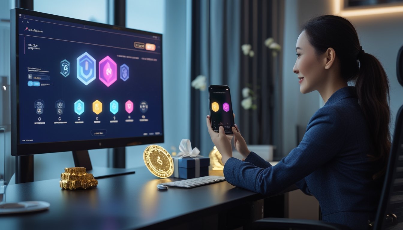 Seseorang melihat tampilan digital abstrak di meja kerja modern dengan hadiah dan aksen emas di sekitarnya.