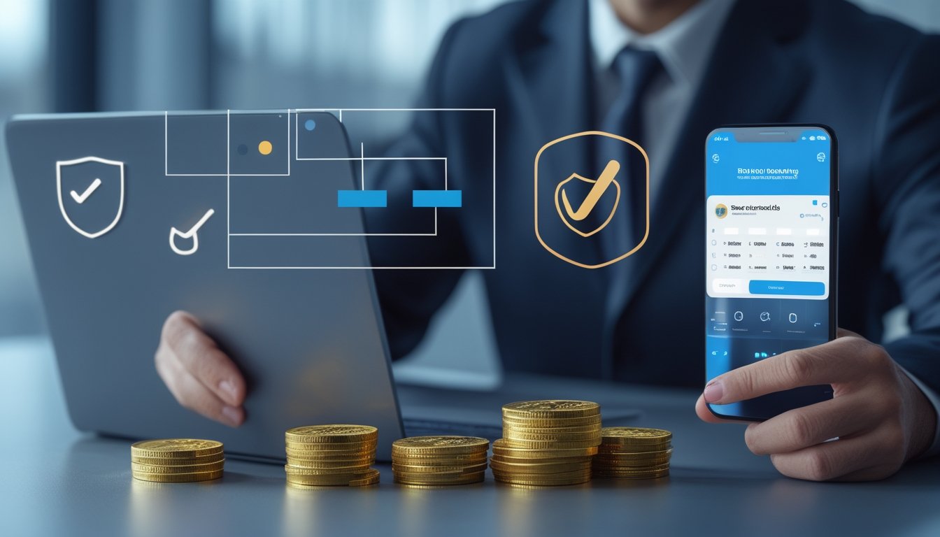 Orang dewasa memeriksa platform permainan digital di laptop dengan simbol keamanan dan verifikasi di meja kerja.