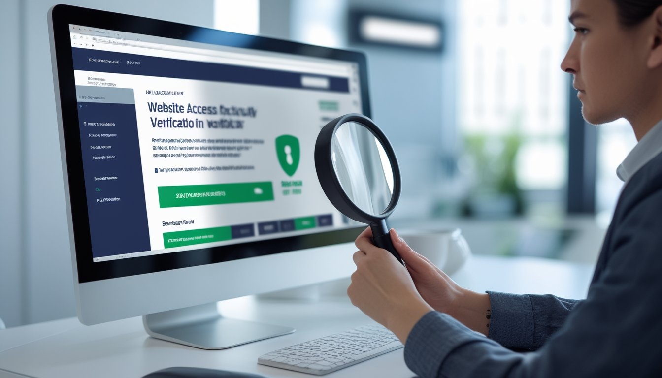 Seseorang memeriksa keamanan sebuah situs web di komputer dengan simbol perisai dan gembok.