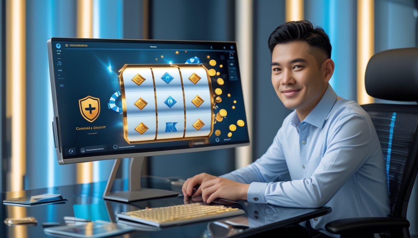 Seorang profesional melihat layar komputer dengan tampilan permainan digital bergaya kasino di ruang kerja modern.