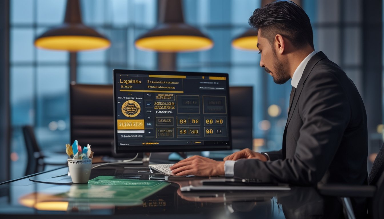 Profesional sedang meninjau keamanan platform digital di kantor modern dengan elemen perisai dan kunci.
