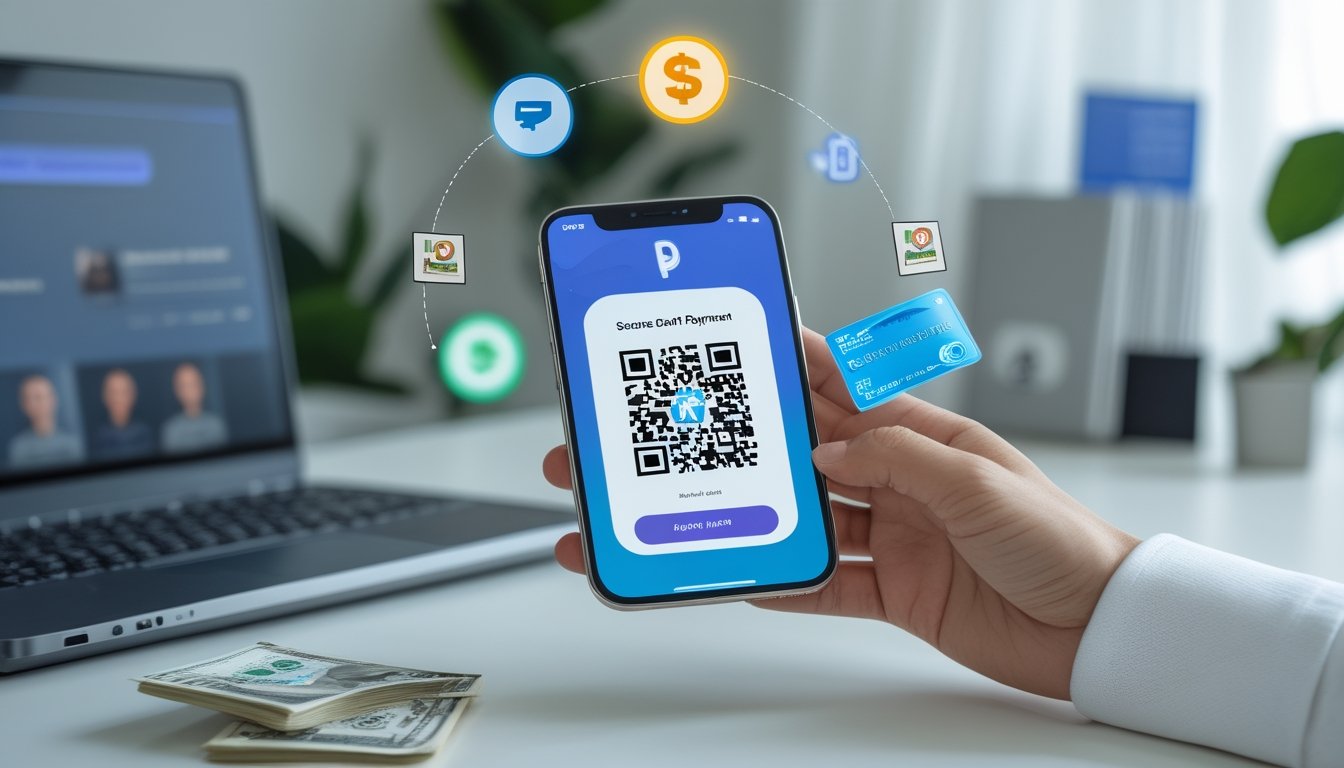 Seseorang menggunakan ponsel untuk melakukan pembayaran digital melalui kode QR di ruang kerja modern.