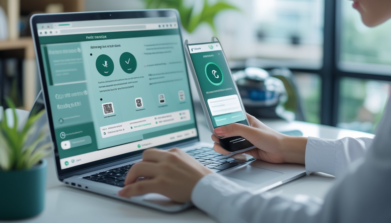 Seseorang membandingkan platform digital terverifikasi menggunakan laptop dan ponsel dengan pembayaran melalui kode QR.