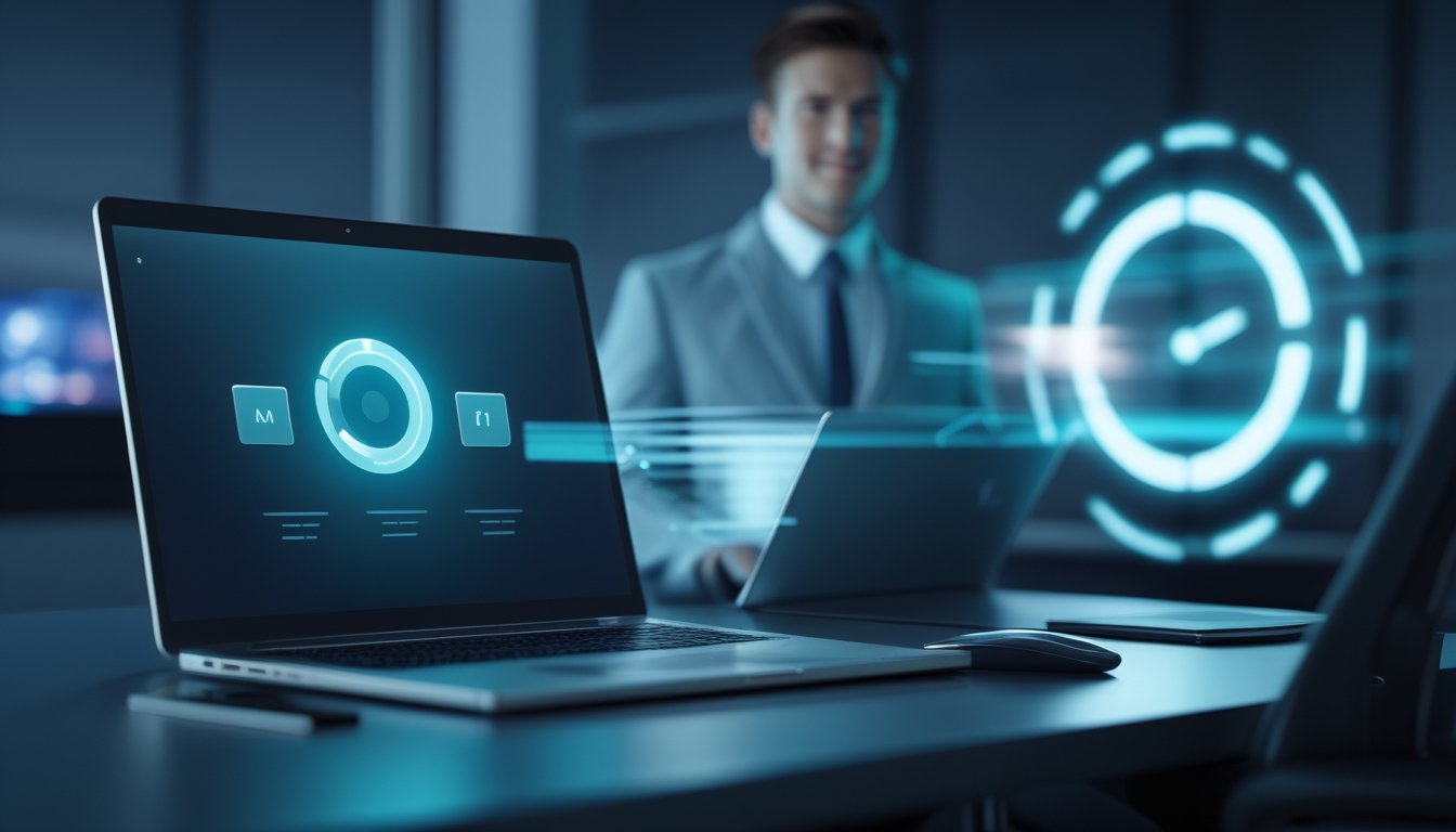 Profesional layanan pelanggan memantau laptop dan ponsel dalam suasana kantor modern.