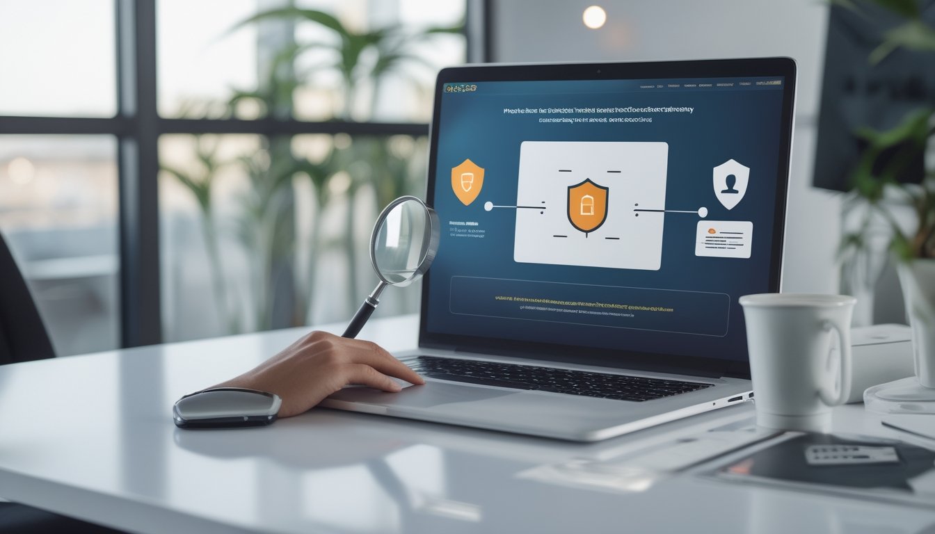 Seseorang memeriksa tampilan situs web di laptop dengan bantuan simbol keamanan dan verifikasi.