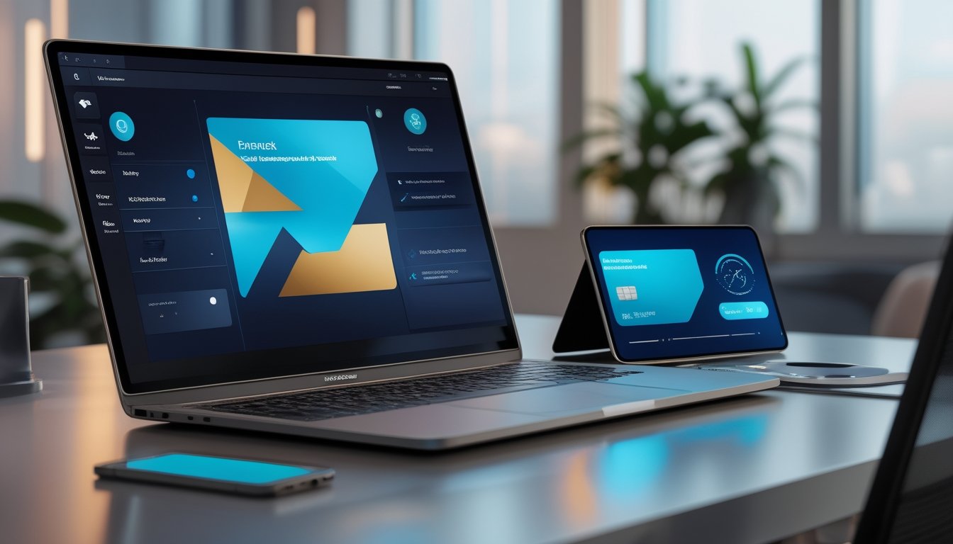 Laptop dan ponsel menampilkan antarmuka digital abstrak di meja kerja modern.