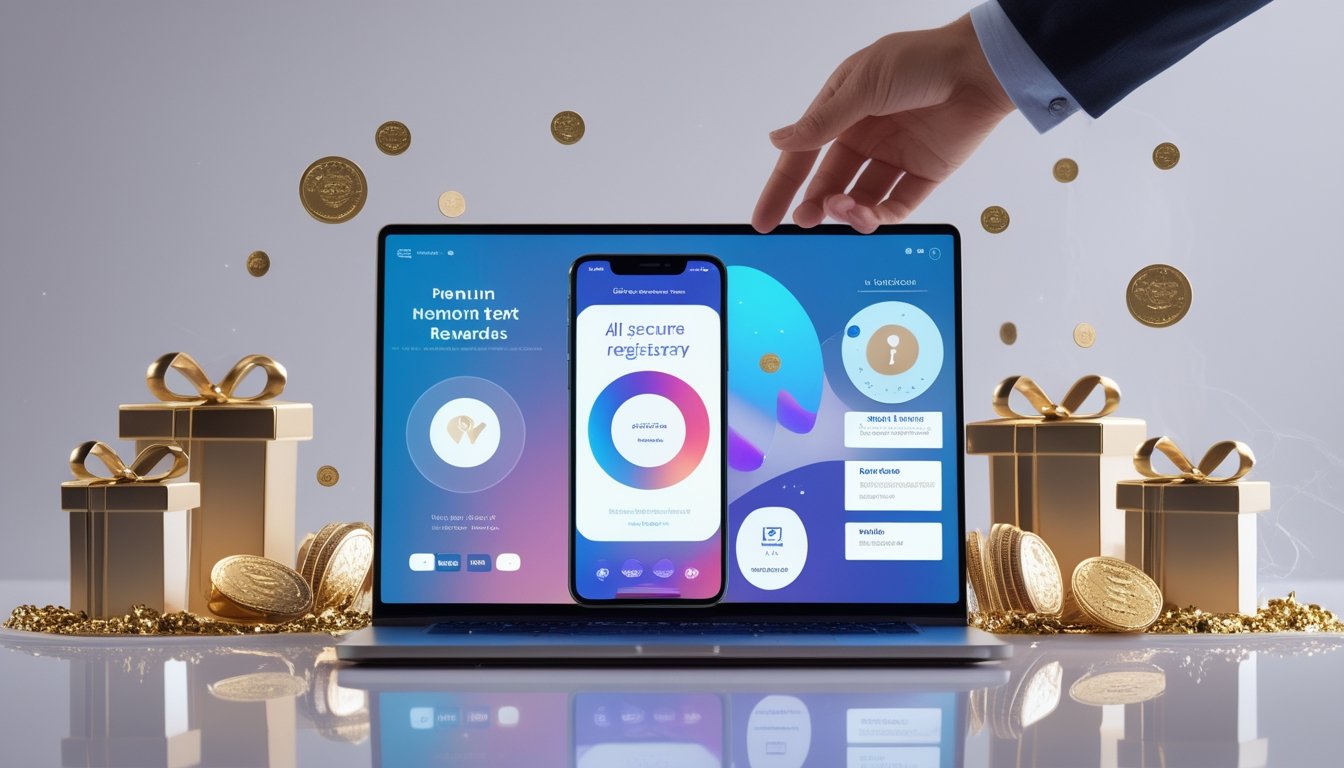 Perangkat digital menampilkan antarmuka abstrak dengan hadiah dekoratif bernuansa emas dan biru di atas meja modern.