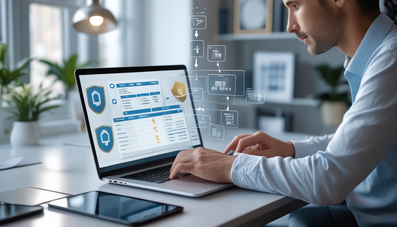 Seseorang membandingkan pilihan platform digital dengan simbol keamanan di ruang kerja modern.