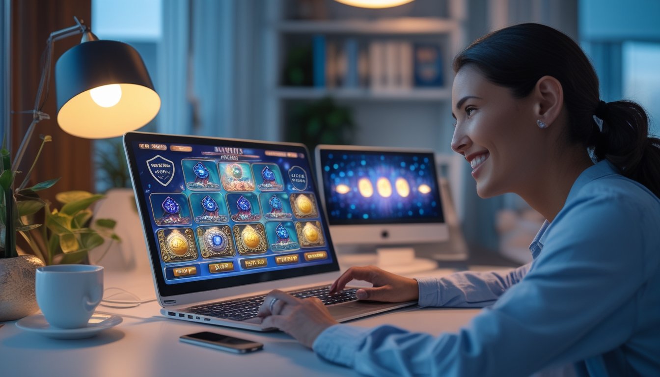 Orang dewasa menggunakan laptop dan ponsel dengan tampilan permainan digital berwarna-warni di ruang kerja modern.