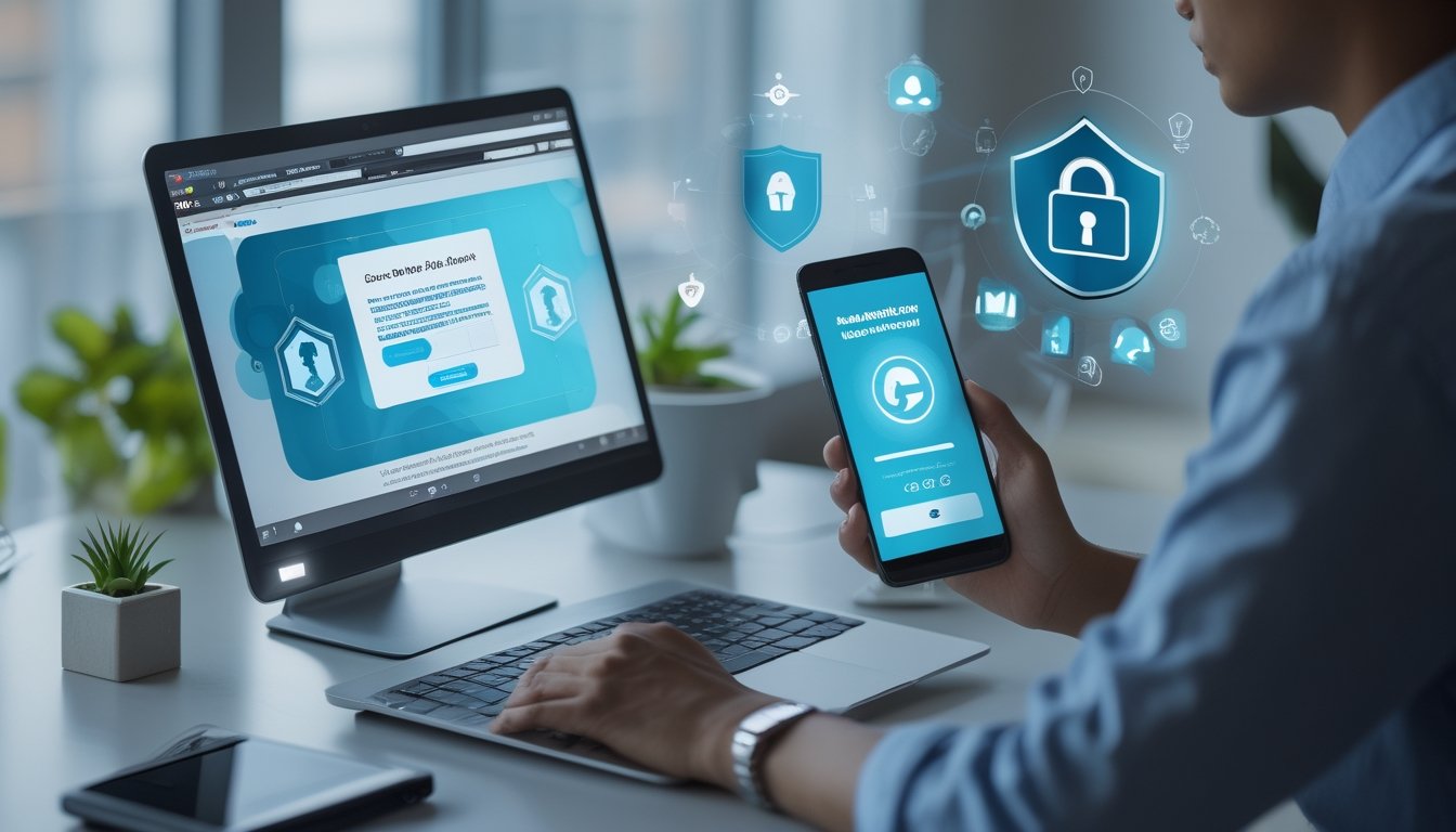 Seseorang memeriksa keamanan situs web di laptop dengan simbol perisai dan gembok.