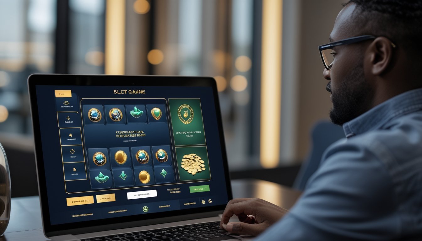 Orang dewasa melihat platform permainan slot digital dengan simbol keamanan dan verifikasi.