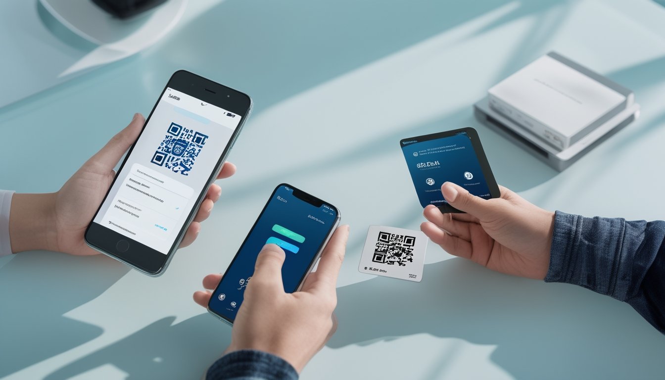 Seseorang melakukan pembayaran digital menggunakan ponsel di meja kerja dengan kode QR dan perangkat dompet elektronik.