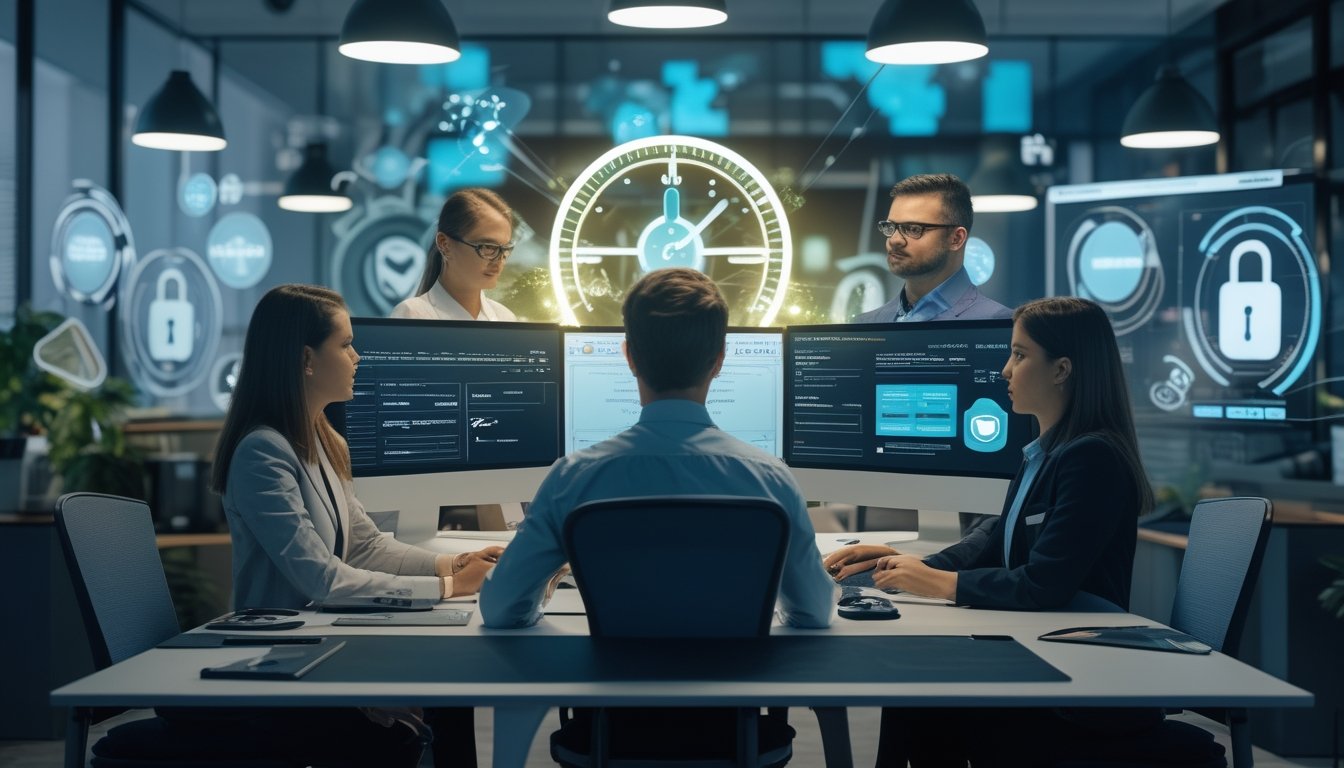 Tim profesional memantau keamanan dan perlindungan data pada platform digital dengan simbol perisai dan kunci.