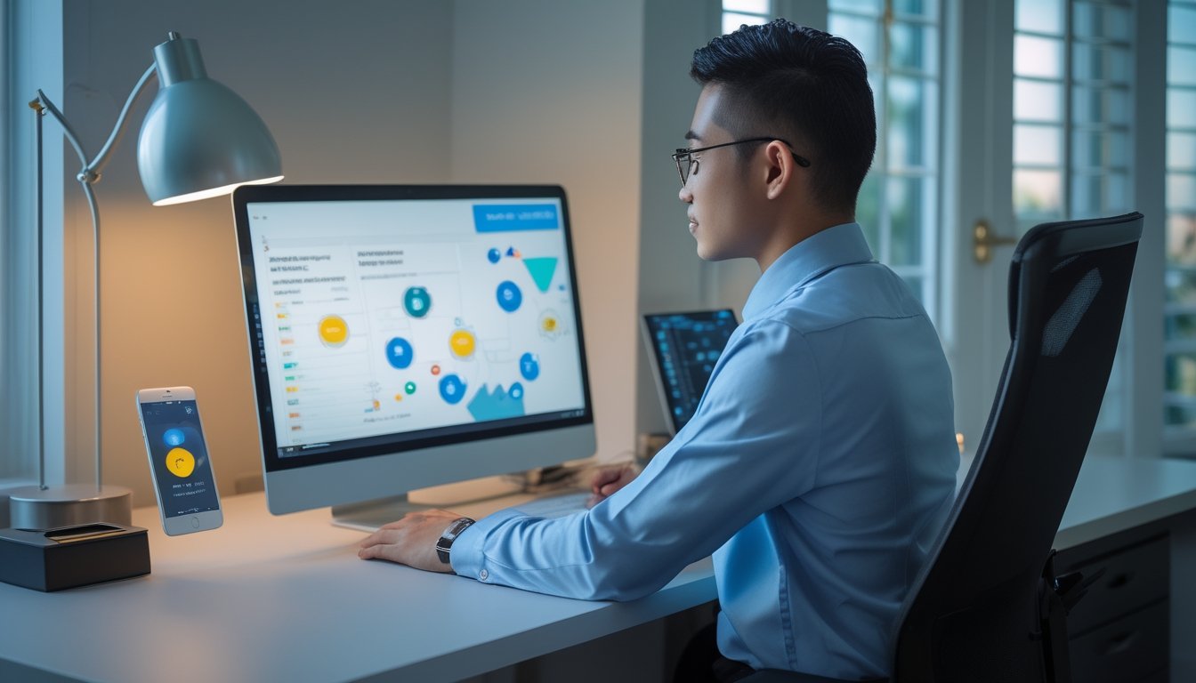 Seorang profesional muda melihat tampilan platform hiburan digital di laptop dari ruang kerja yang rapi.