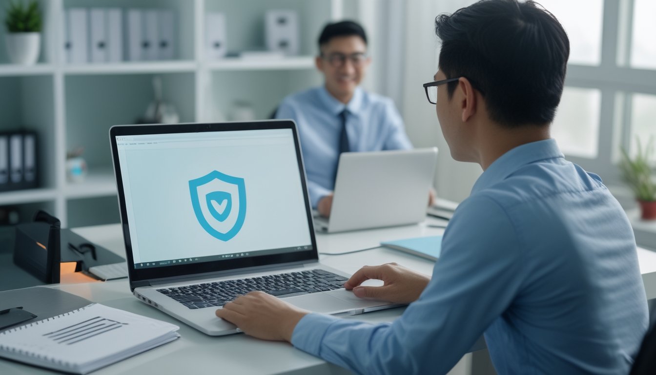 Seorang pengguna meninjau ketentuan jaminan kekalahan di laptop dalam ruang kerja modern.