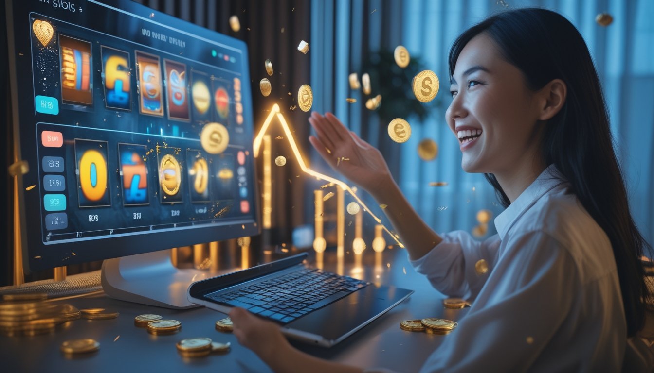 Seseorang memeriksa permainan slot daring bercahaya di laptop dan ponsel dalam ruang kerja modern.
