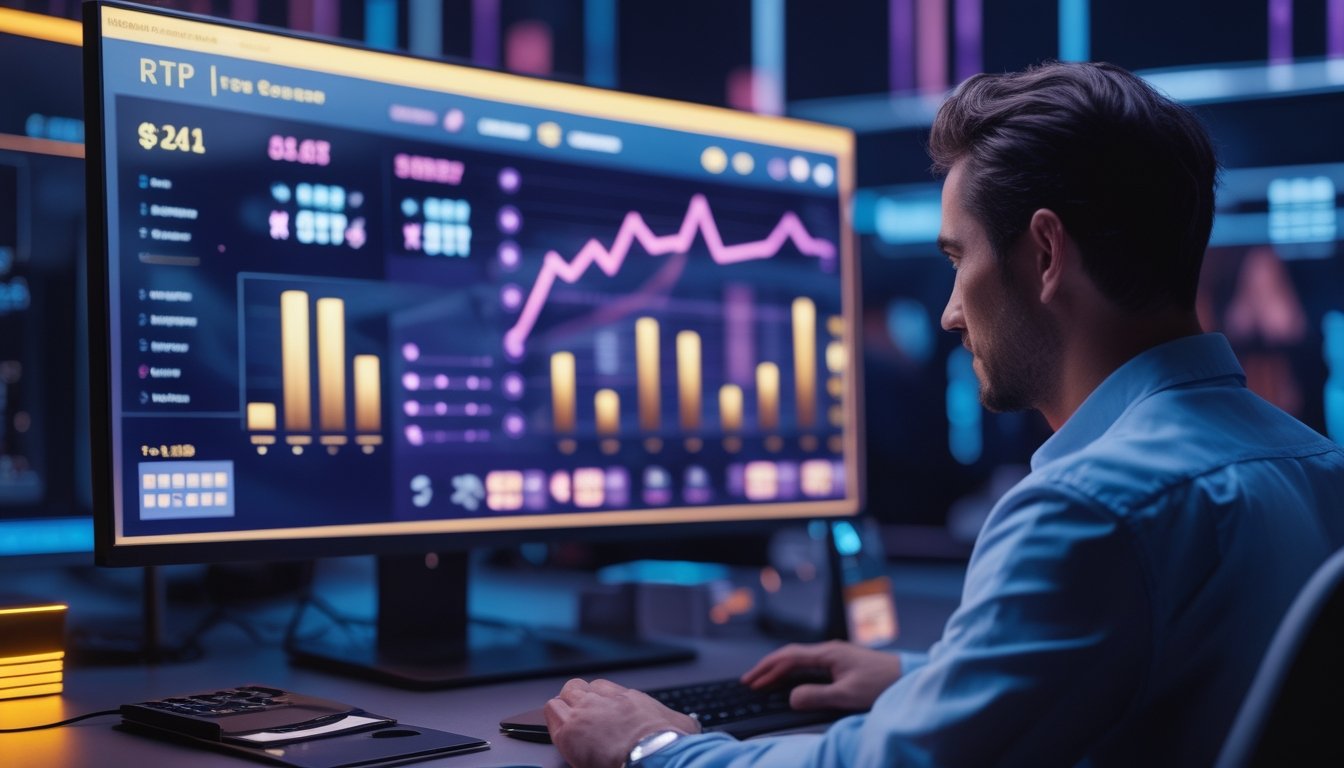 Seorang analis mempelajari grafik dan data permainan slot di ruang kerja modern.