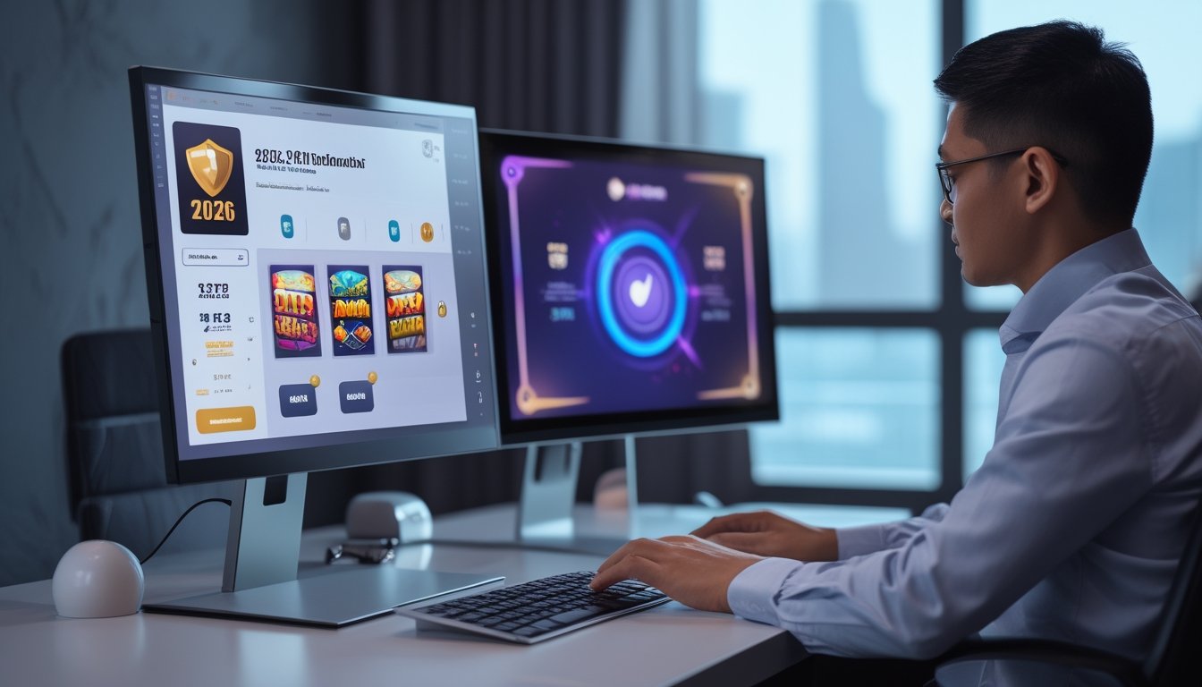 Seorang profesional meninjau permainan digital melalui komputer dan ponsel di meja kerja modern.