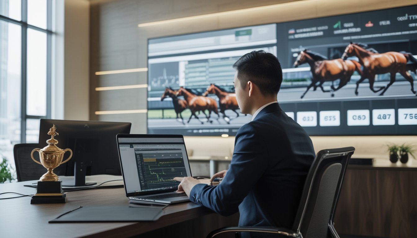 Profesional sedang menganalisis balap kuda di kantor modern dengan laptop dan layar perlombaan.