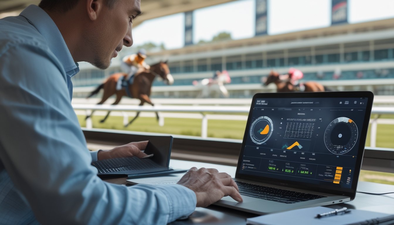 Seorang analis mempelajari data balap kuda melalui laptop sementara kuda-kuda berpacu di lintasan.